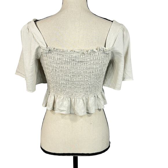 Lulus Medium Your Sunshine Top Linen Smocked Flutter Sleeve Square Neck Beige - Picture 5 of 8